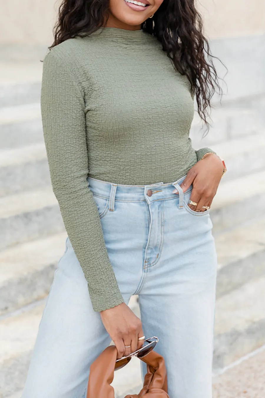 Olive Textured Mock Neck Bodysuit