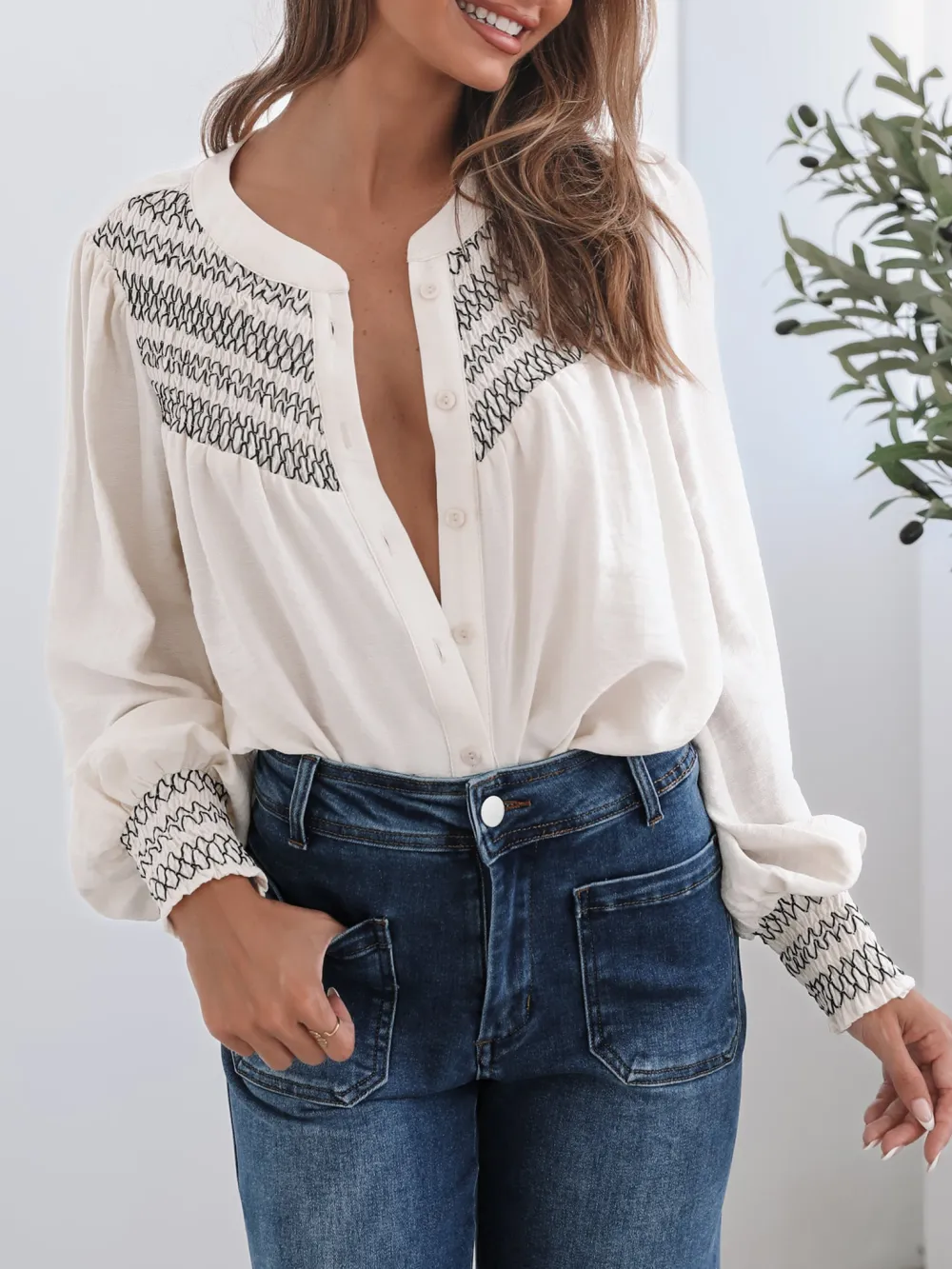 Cream Long Sleeves Print Blouse