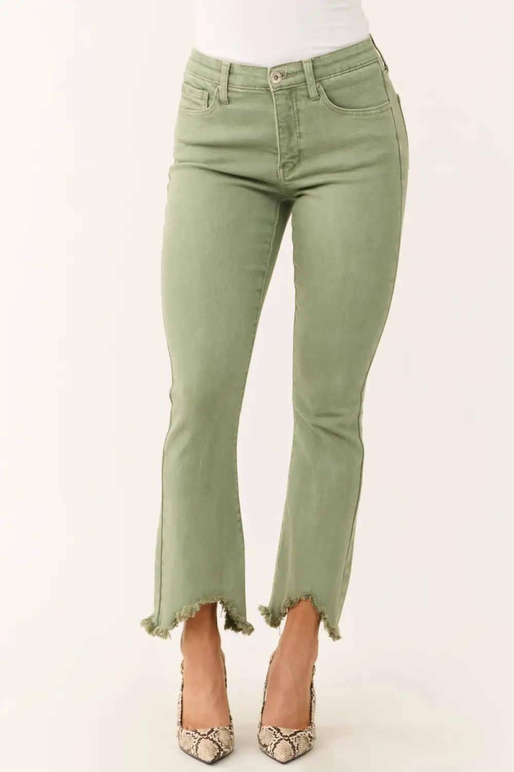 Olive Green Frayed Hem Jeans