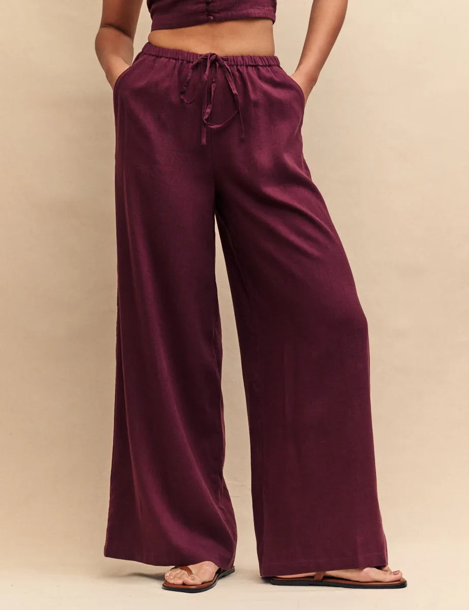 Plum Linen-blend Drawstring Trousers