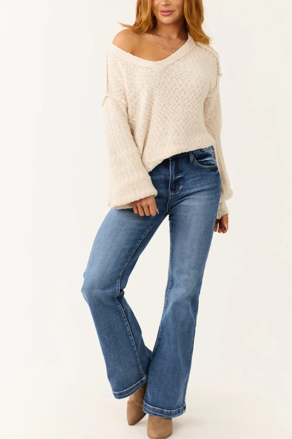 Cream Long Balloon Sleeve Knit Sweater