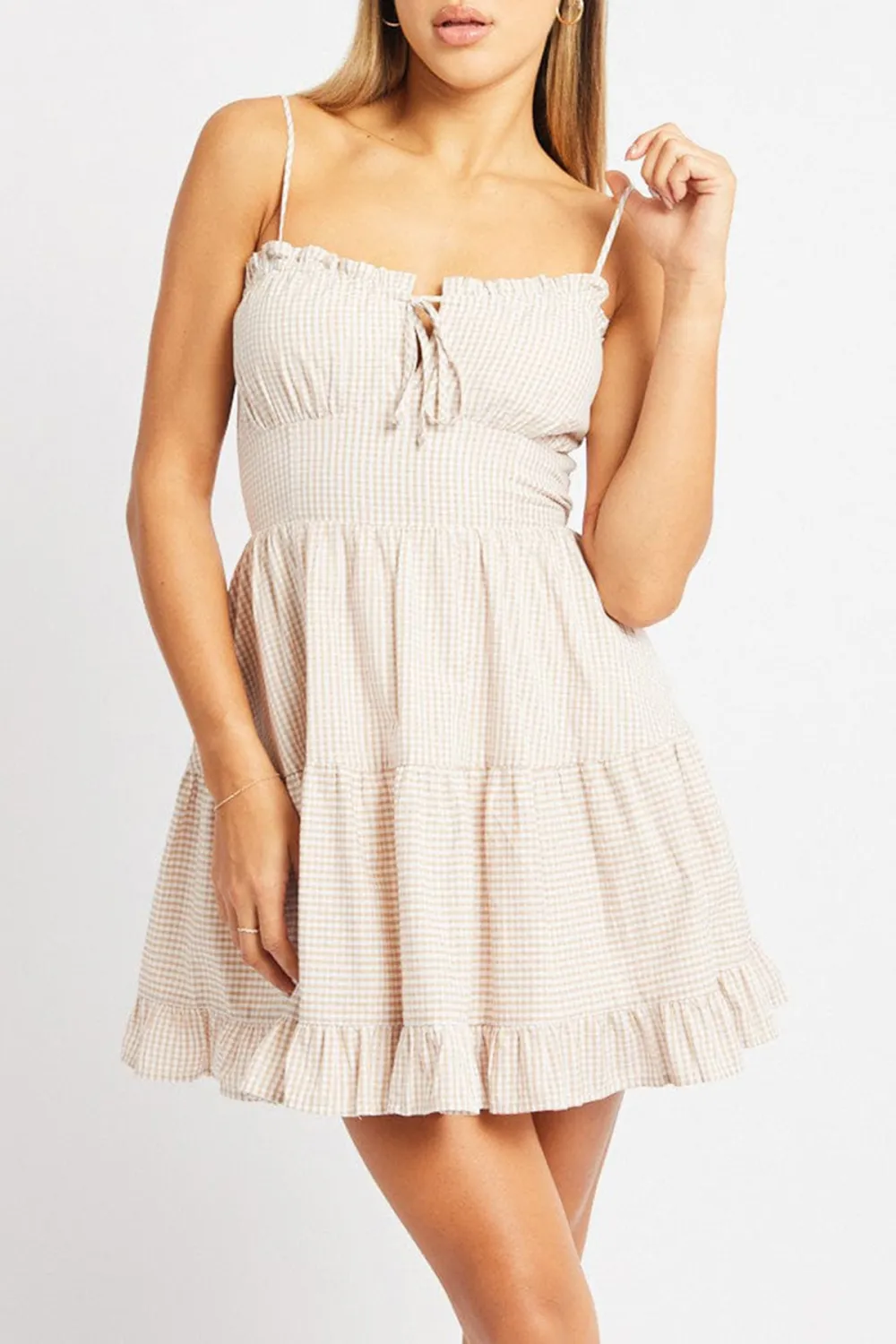 Beige Check Fit And Flare Dress Sleeveless Tiered