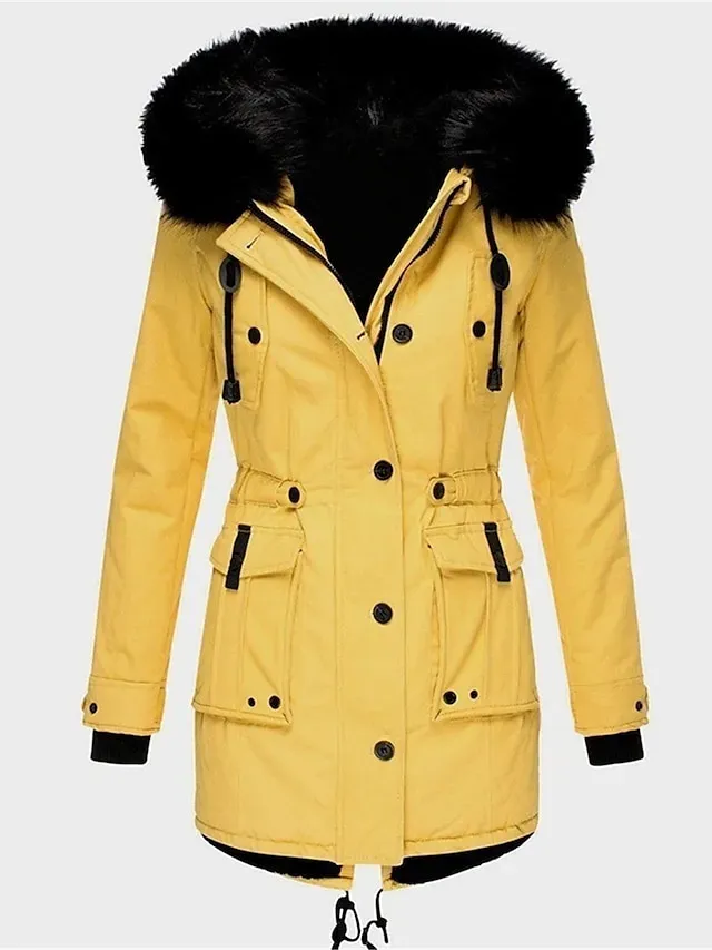 Women's Parka Winter Coat Mid-Length Puffer Jacket with Fur Collar Thermal Warm Heated Jacket Fleece Lined with Pockets Zip up Drwastring Hooded Outerwear Long Sleeve Fall Light Yellow Light Pink