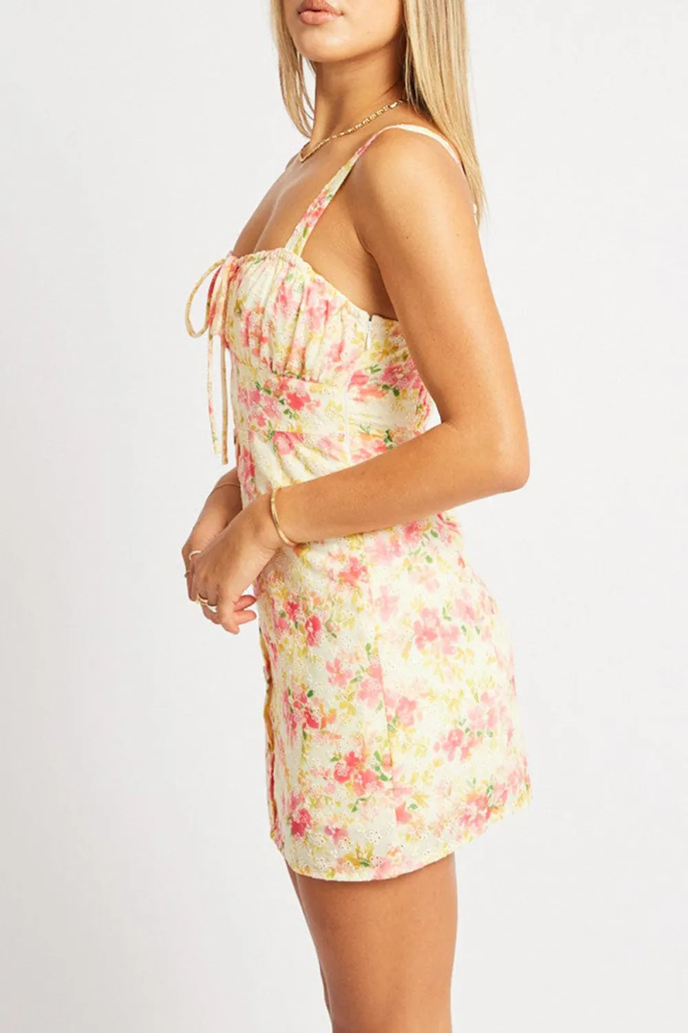Pink Floral Mini Dress Ruched Bust