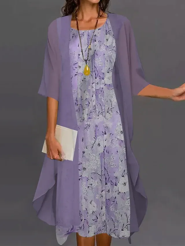 Round Neck Loose Casual Floral Print Loose Casual Suit Midi Dress