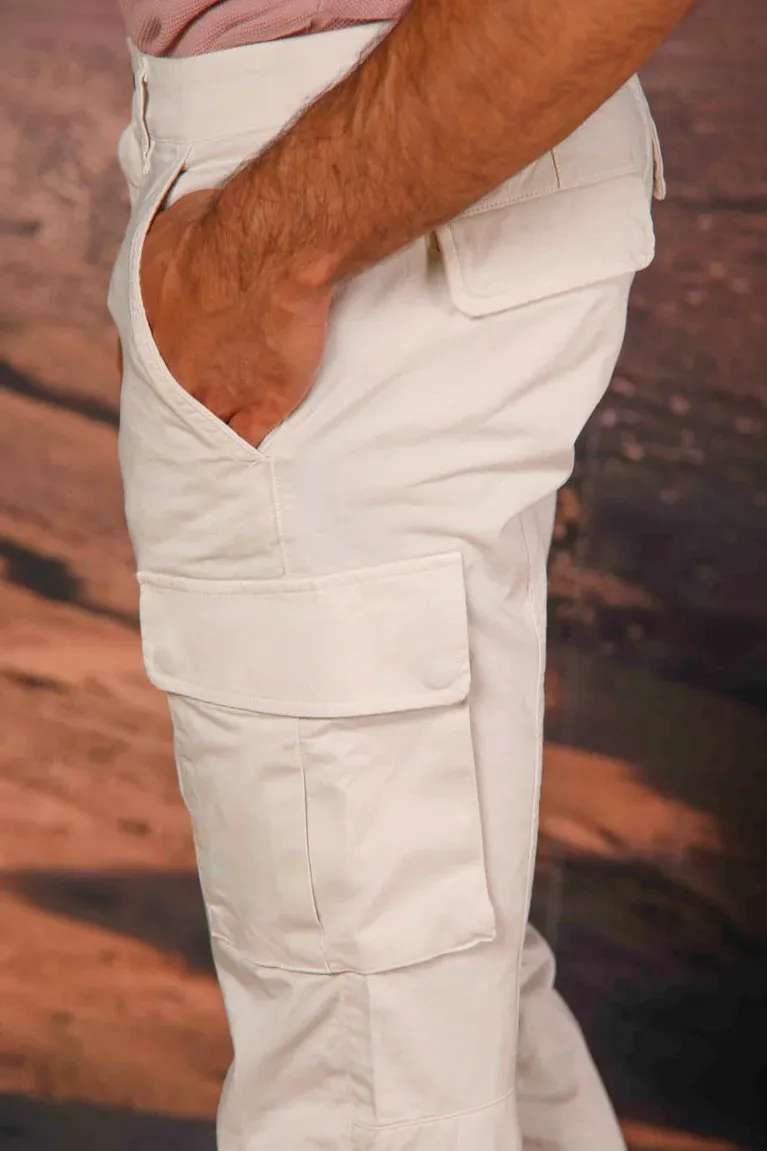 Men's Off-white Stretch Cotton Slim Fit Large Pocket Overalls