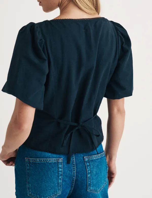 Black Puff Sleeve Button Down Blouse