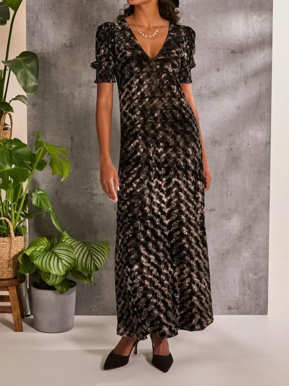 Black Hammered Velvet Midi Dress