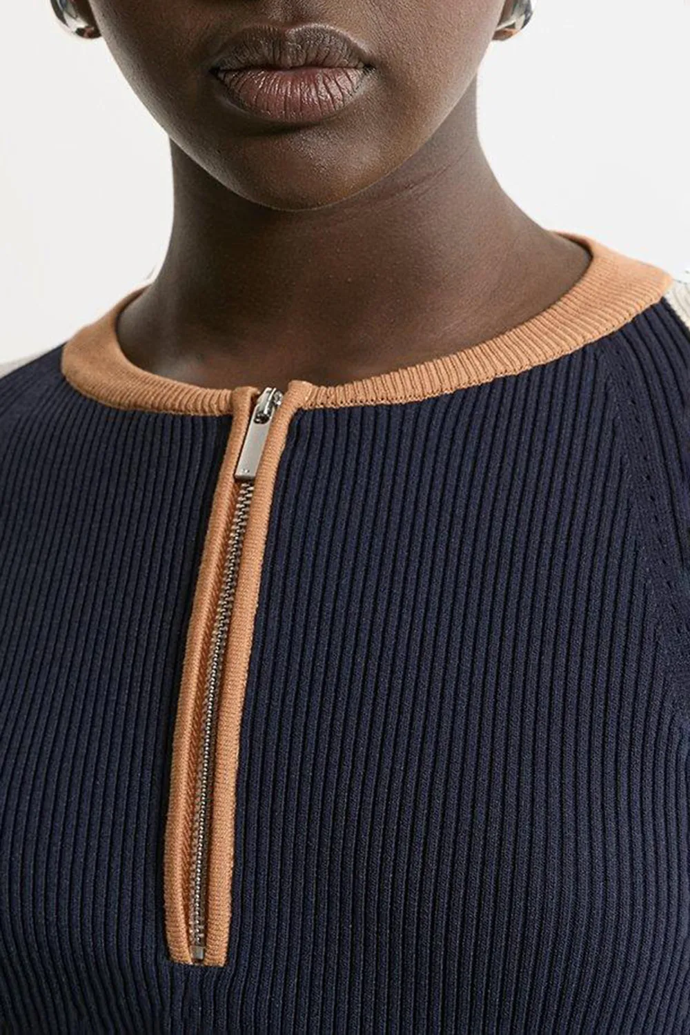 Casual Style Knit Half Zip Cuff Detail Top
