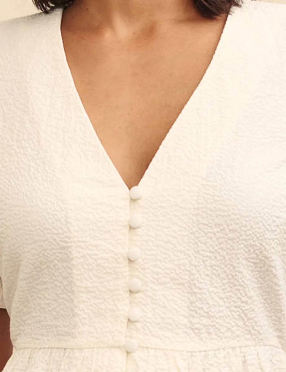 White V-Neck Button Blouse