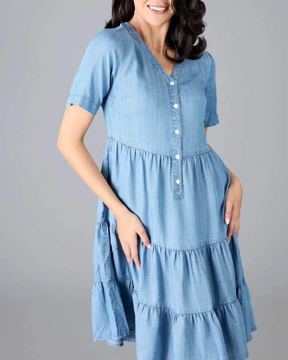 Medium Blue Wash Button Down Ruffled Dress