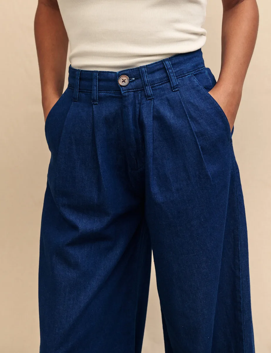 Dark Denim Double Pleat Wide Leg Jean