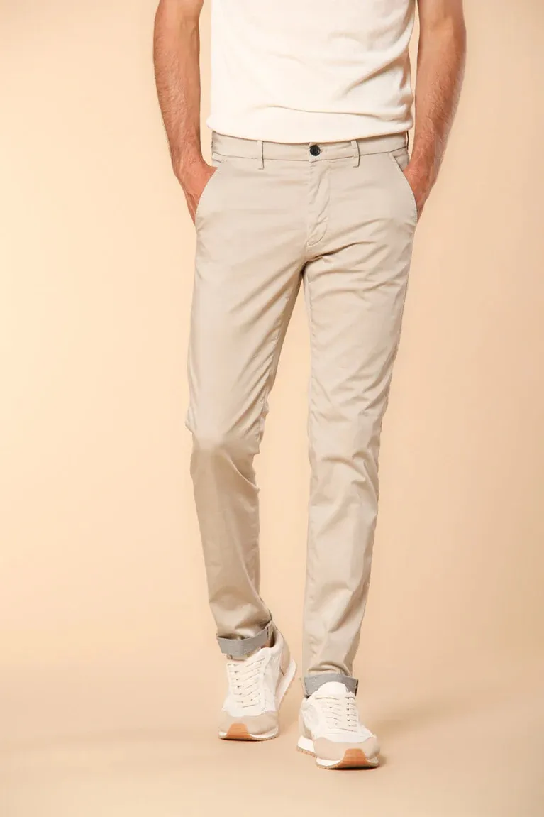 Men's Light Beige Cotton Casual Twill Slim Fit Trousers