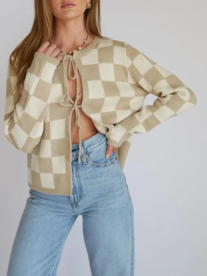 Agnes Checkered Knit Bow Cardigan