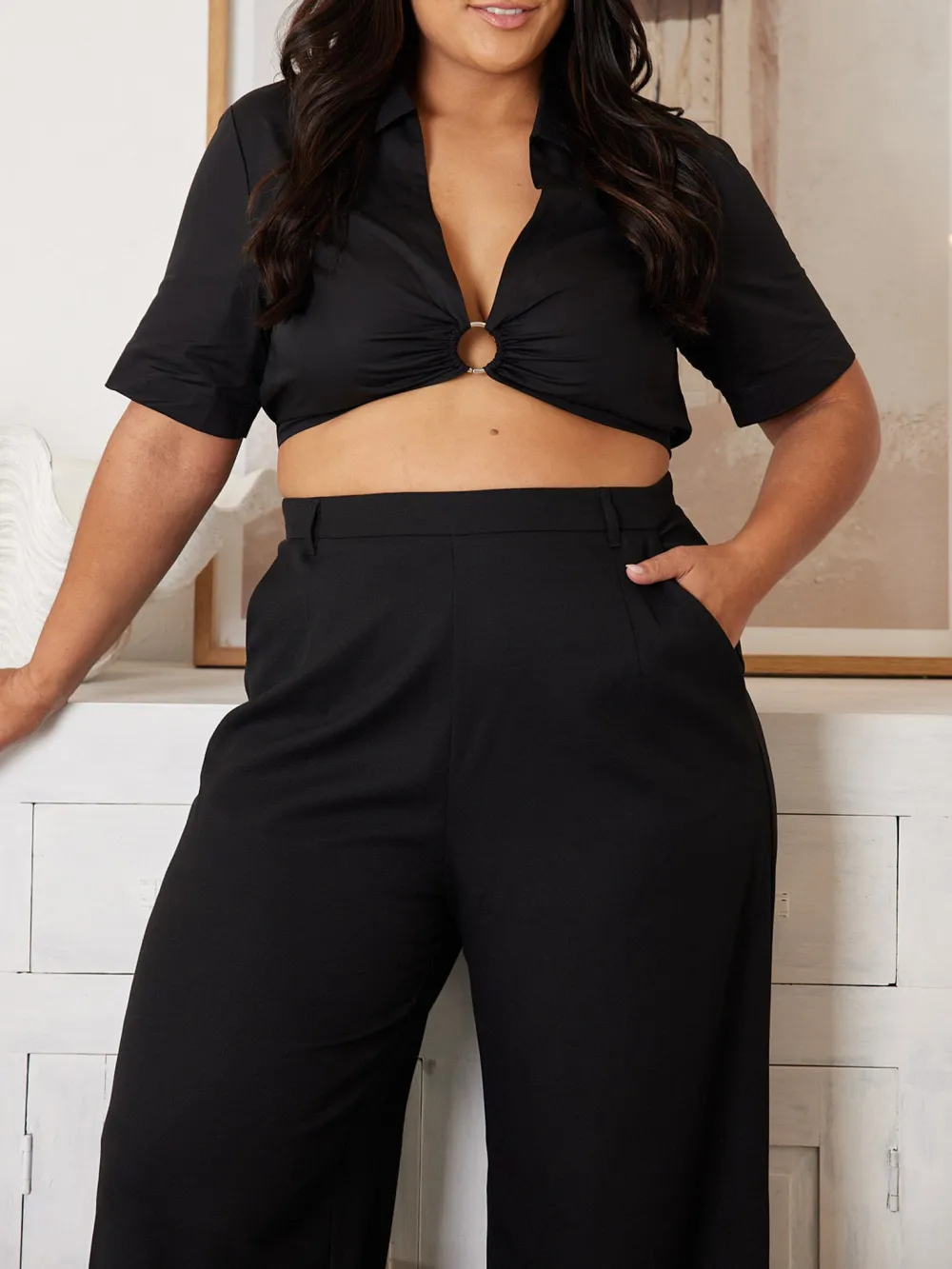 Black Casual Style  Open Neckline Shirt