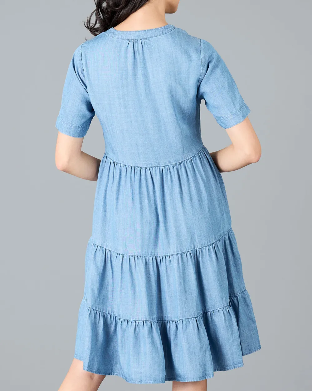 Medium Blue Wash Button Down Ruffled Dress