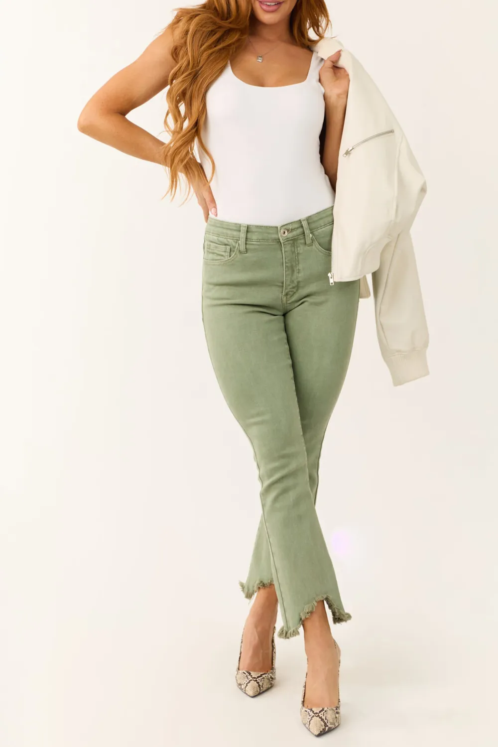 Olive Green Frayed Hem Jeans