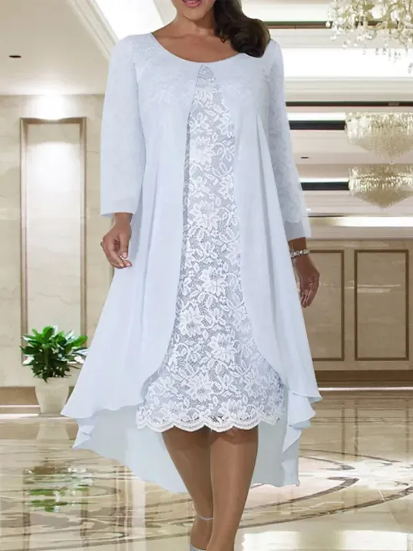 Chiffon Lace Short Sleeve Midi Dress