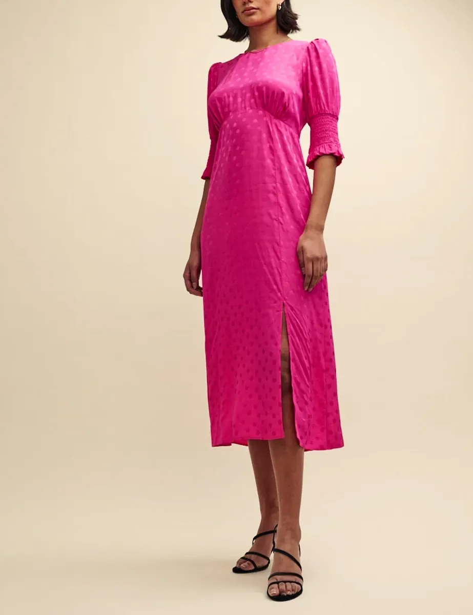 Pink Satin Jacquard Pattern Midi Dress