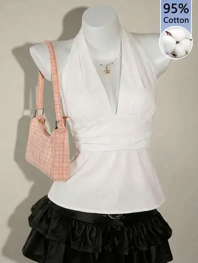 Ruched Cotton Halter Backless Top