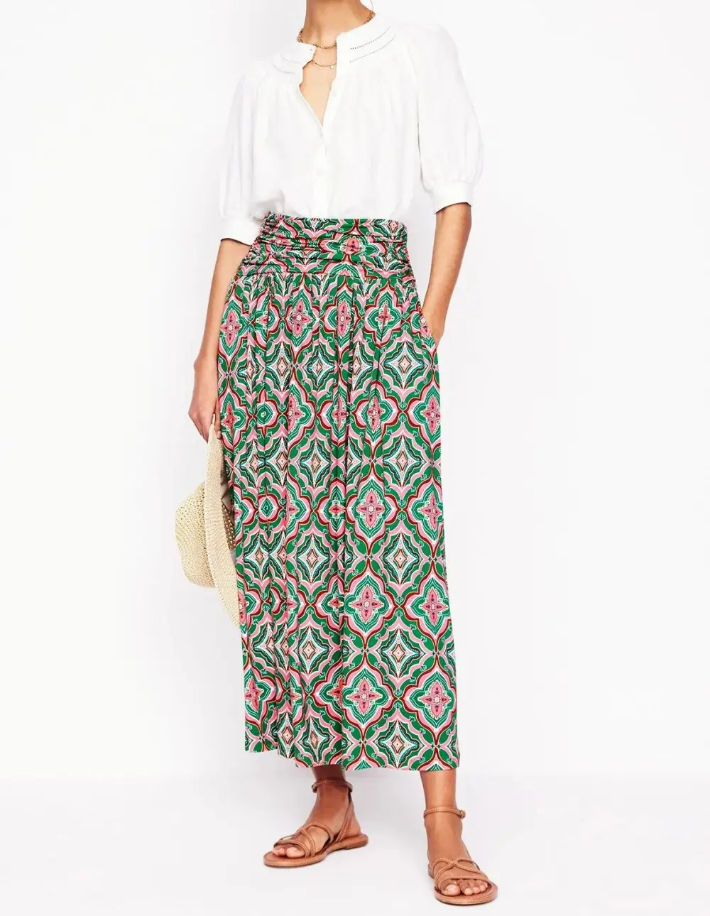 Green Geometric - Print Linen Midi Skirt