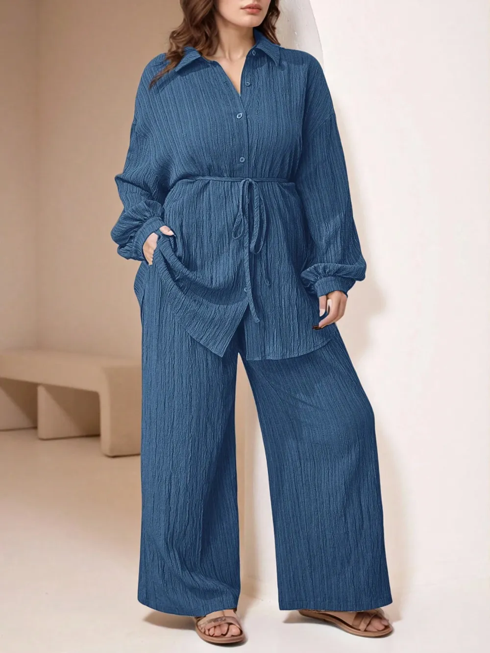 Women's Plus Size Plain Button-Up 2pc Set