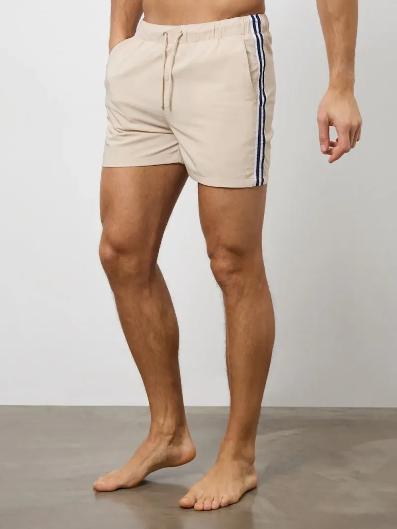 Beige Side Stripe Slim Fit Swim Shorts