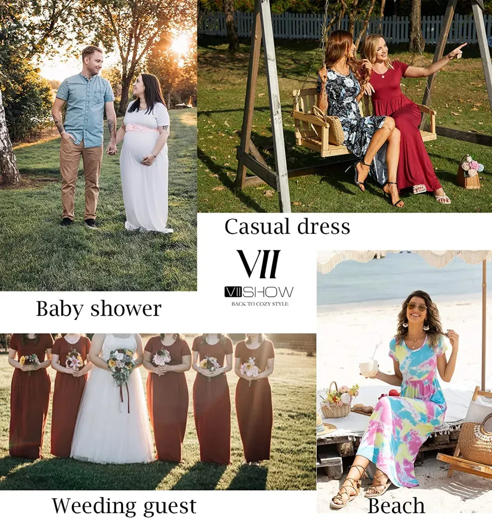 Women's Short Sleeve Loose Plain Maxi Dresses Casual Long Dresses with Pockets