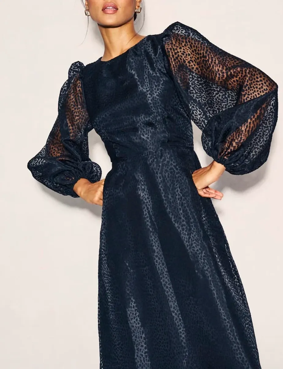 Black Organza Balloon Sleeve Midi Dress