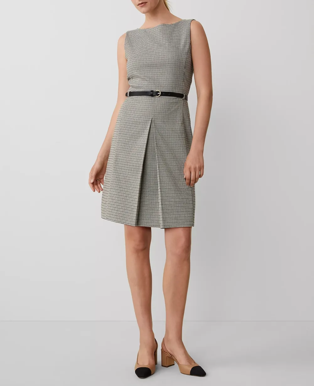 Houndstooth Pleat Front Belted Sheath Dress