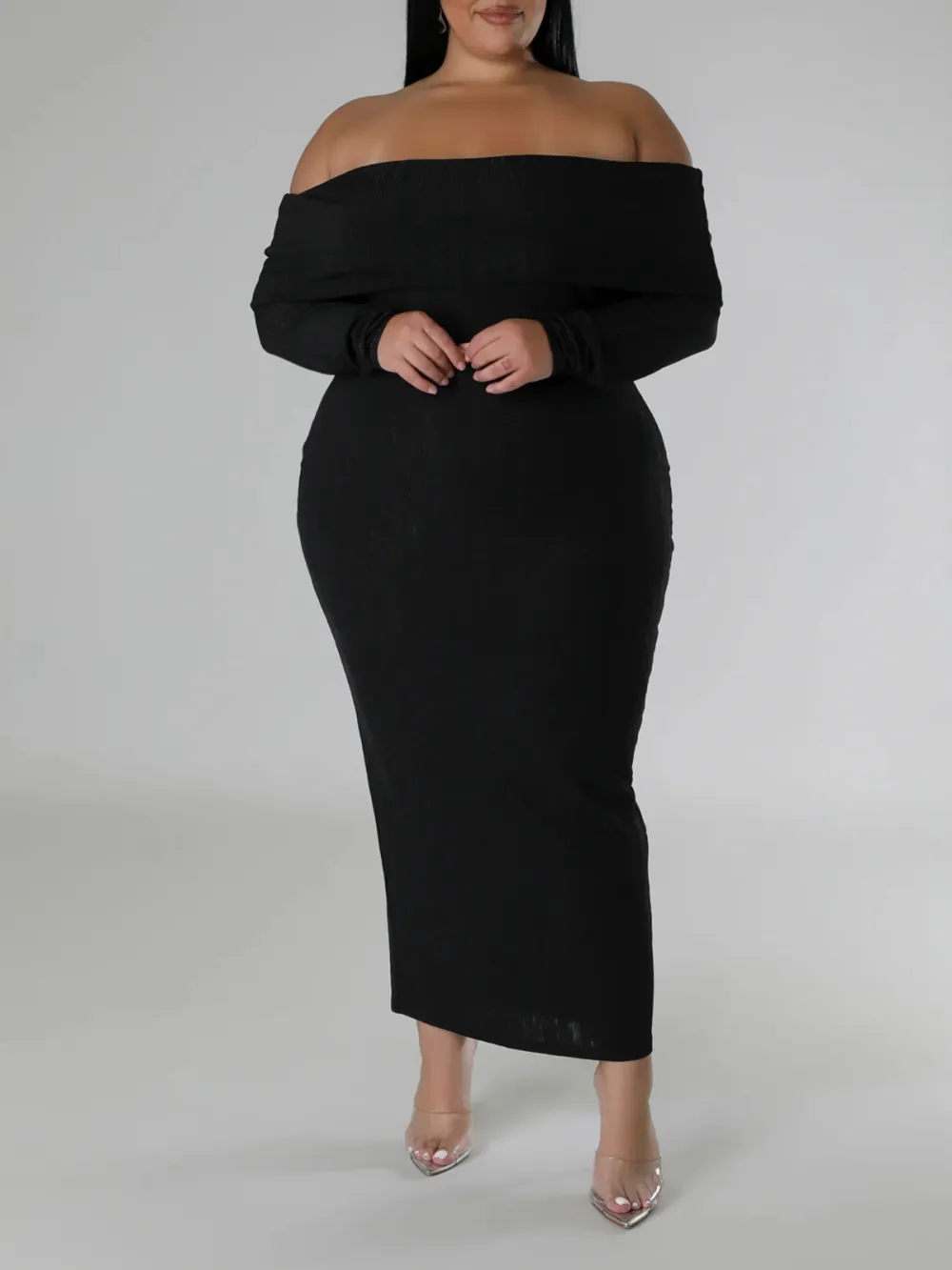 Long Sleeve Straight Neck Maxi Dress