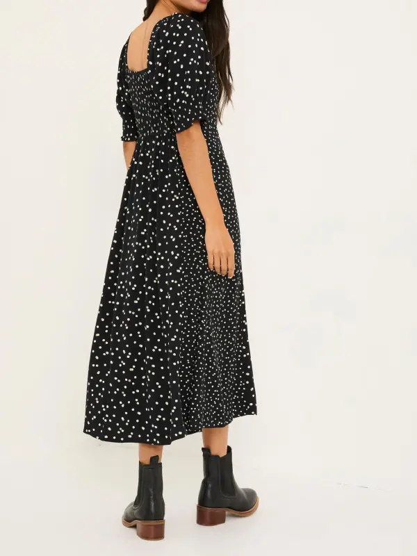 Black Floral Milkmaid Midi Dress