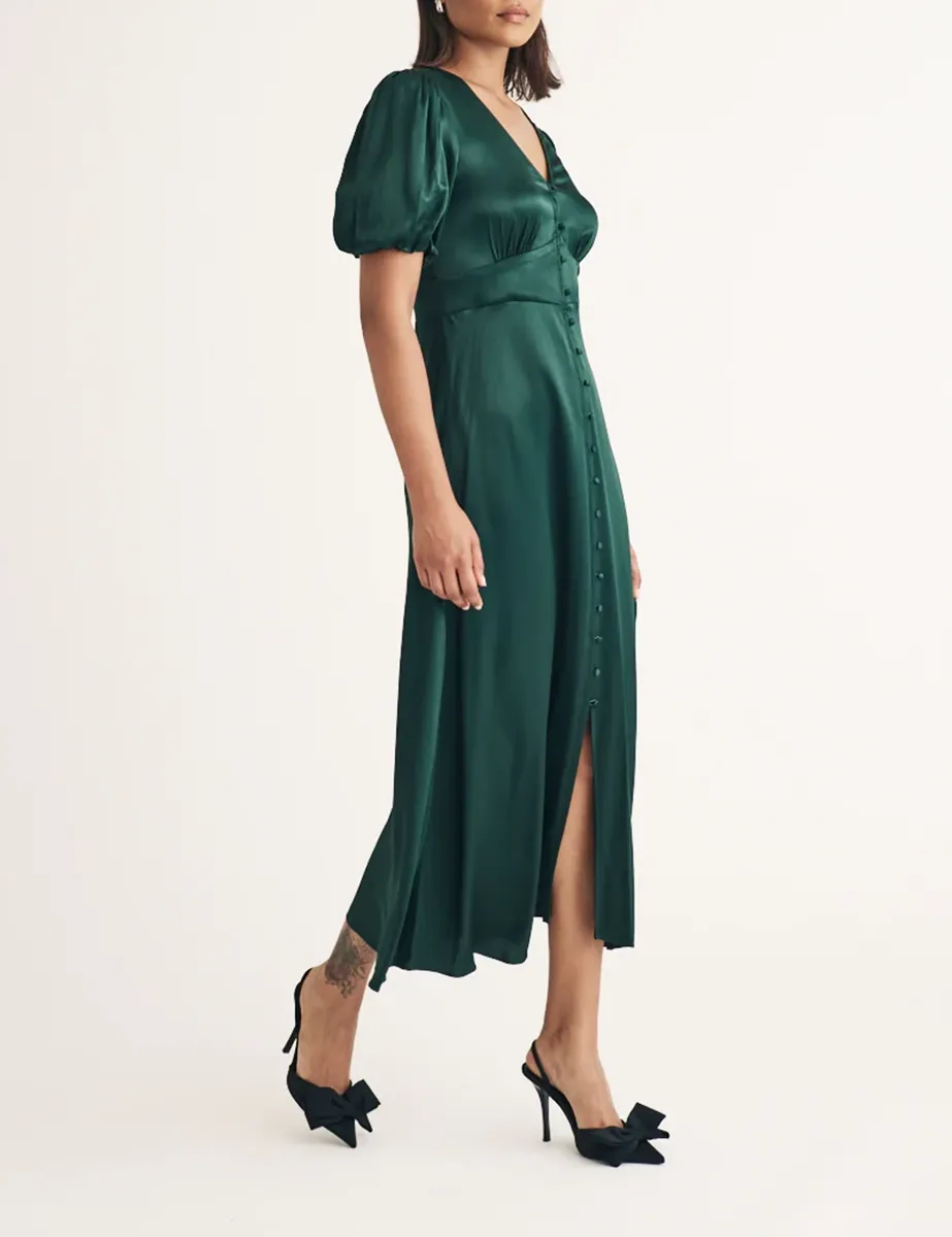 Green V-Neck Short Sleeve Midi Dress