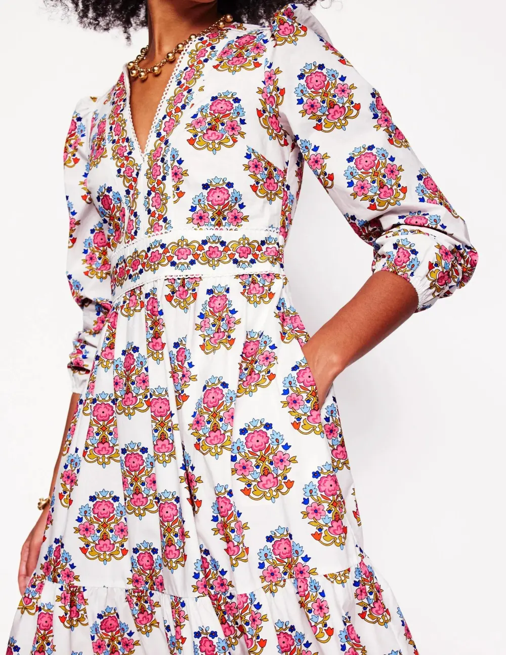 White and Pink Paisley - Print Cotton Midi Dress