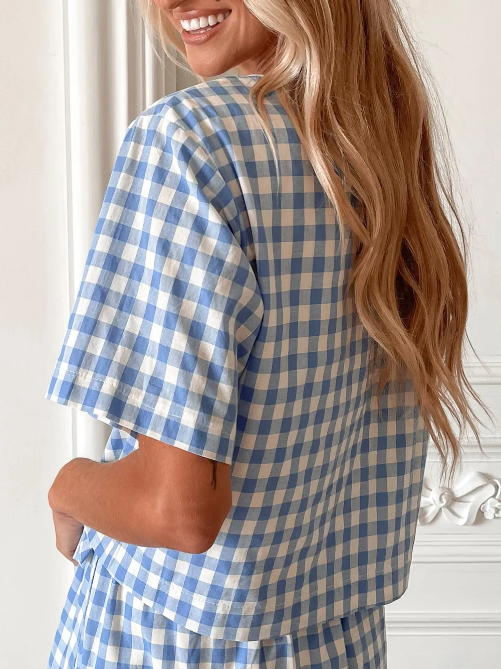 Blue Short Sleeve Plaid Top