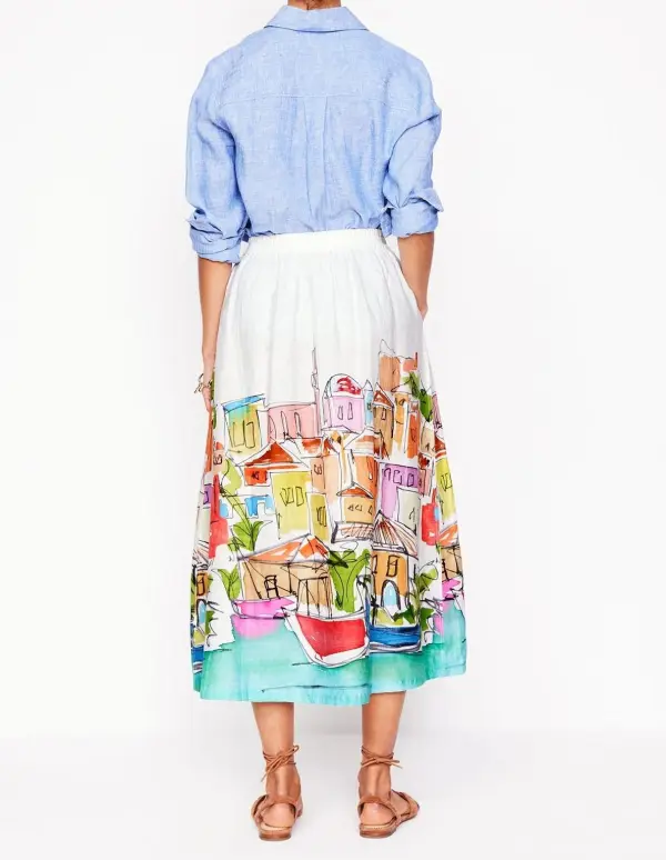 Multicolor Print Verity Linen Midi Skirt