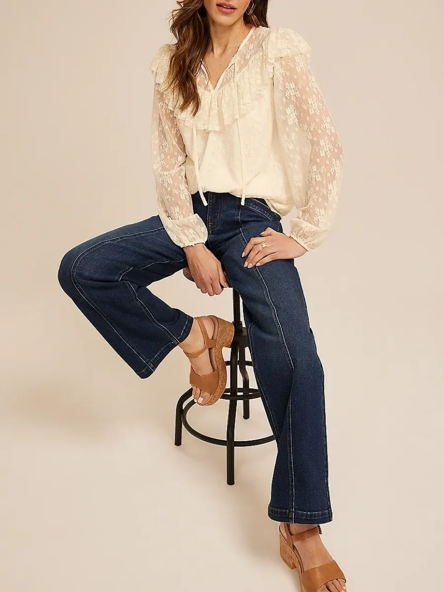 Sheer Lace Puff Sleeve Blouse