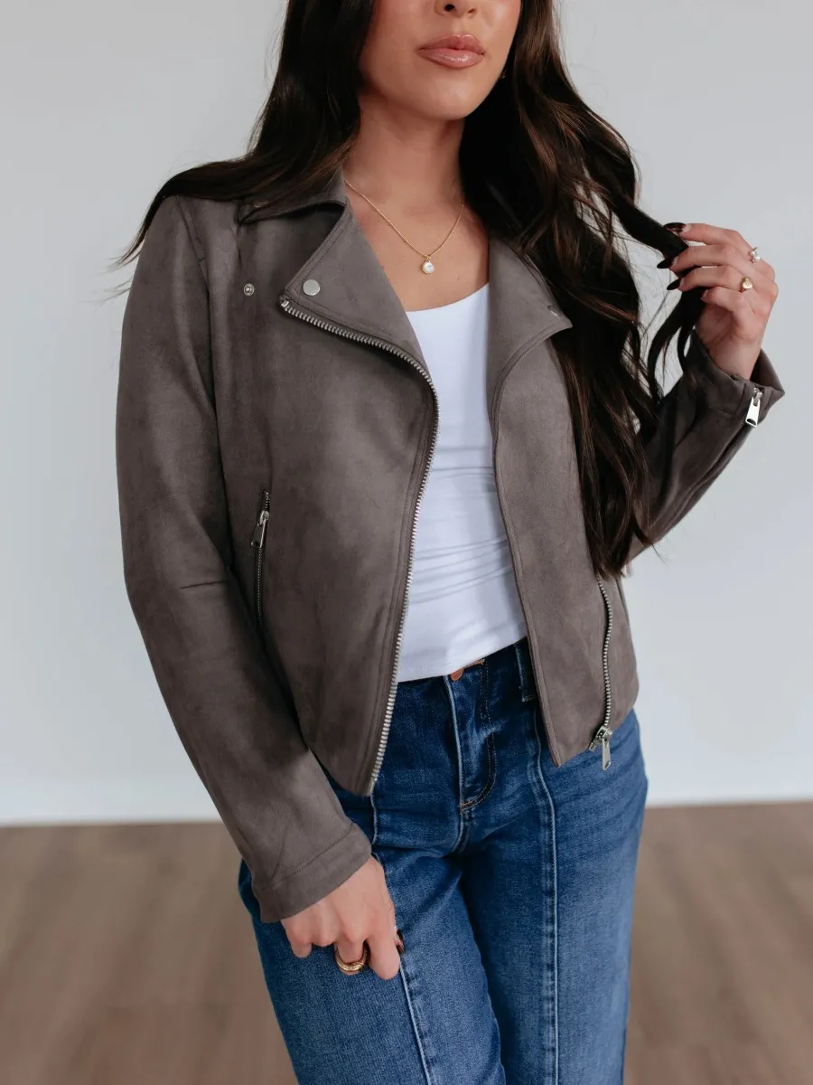 Faux Suede Front Zipper Jacket