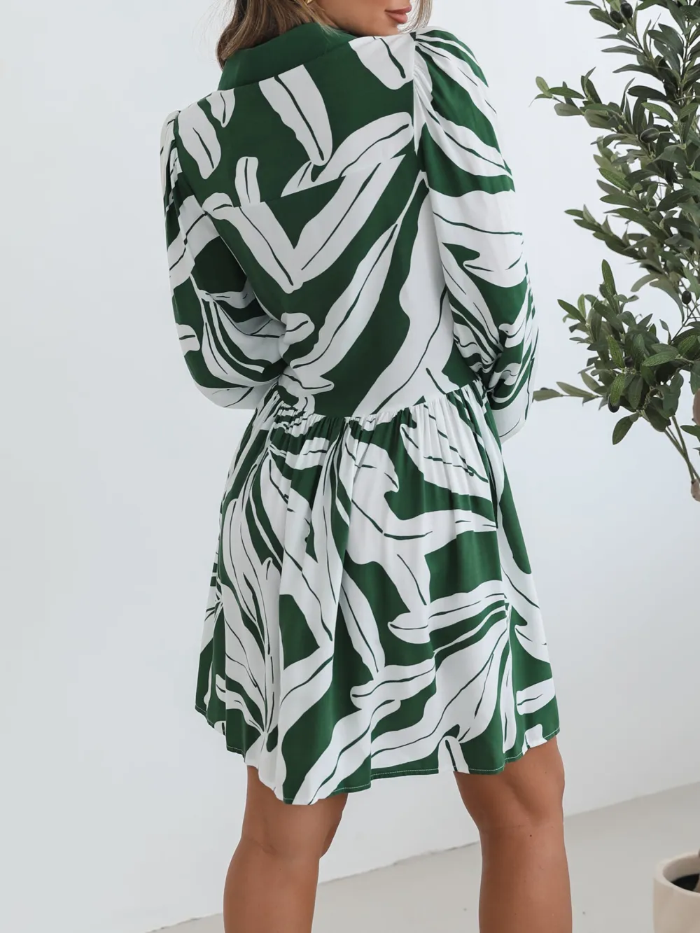 Long Sleeve Green Print Dress