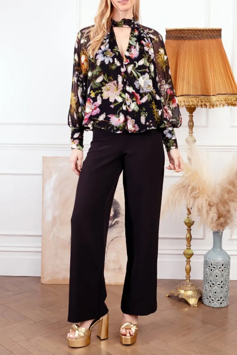 Floral Printed Sheer Deep V Neck Shirts