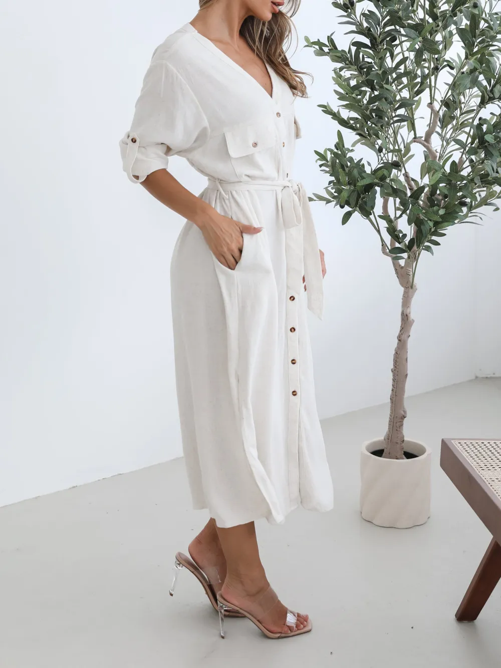 Oat Casual Style  V Neckline Dress