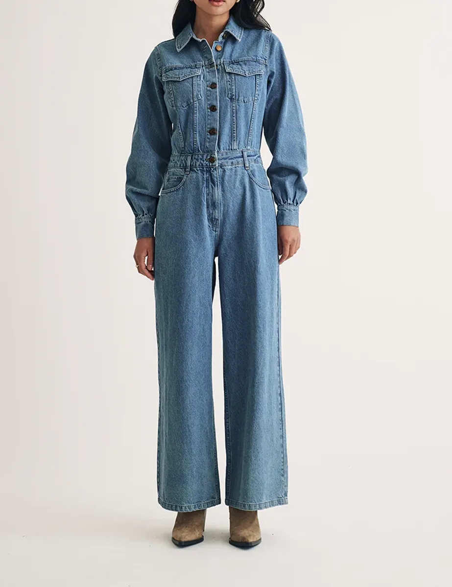 Light Wash Long Sleeve Denim Jumpsuit