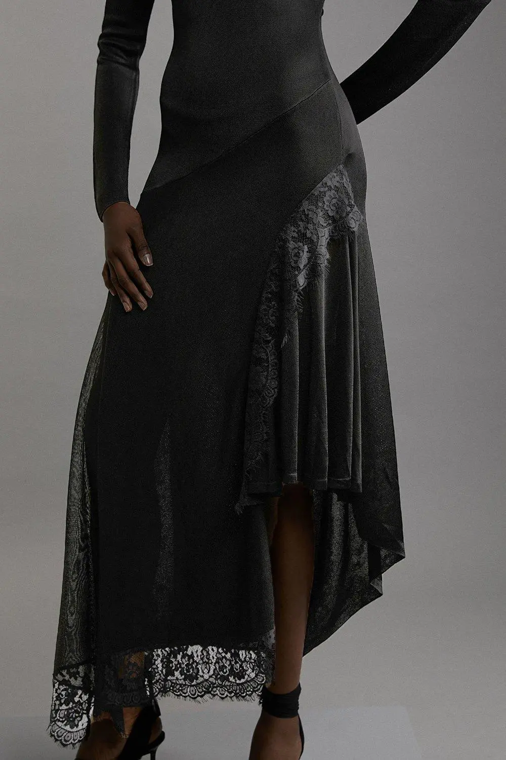 Viscose Blend Slinky Sheer Lace Detail Asymmetric Knit Midaxi Dress