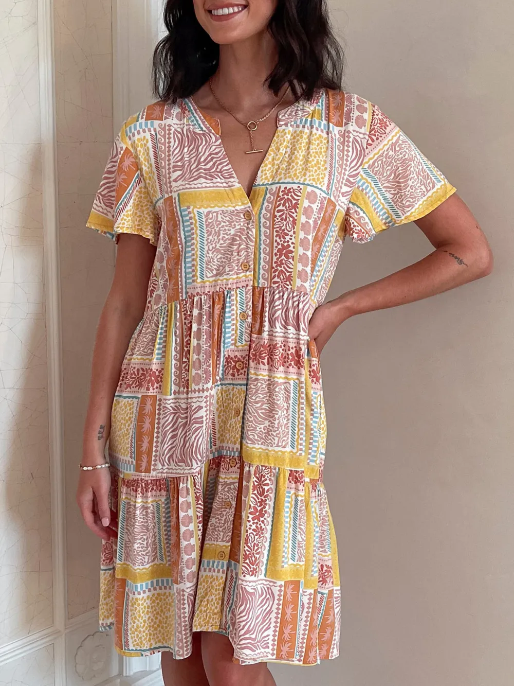 V Neckline Multi Print Dress