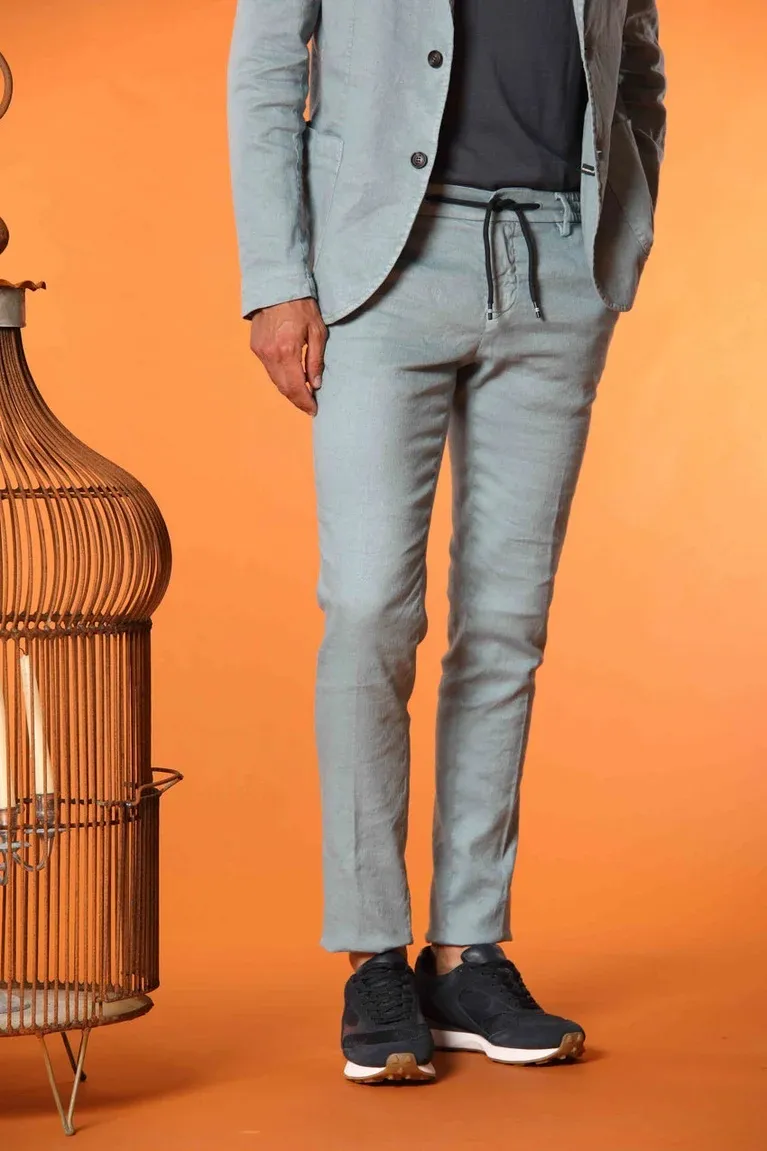 Men's Sky Blue Cotton and Linen Twill Elastic Waist Slim Fit Trousers