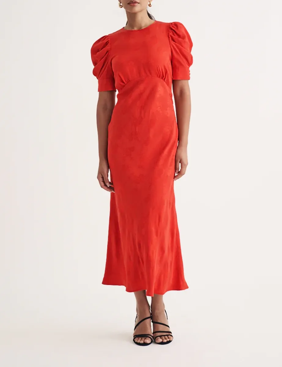 Red Brocade Puff Sleeve Midi Dress