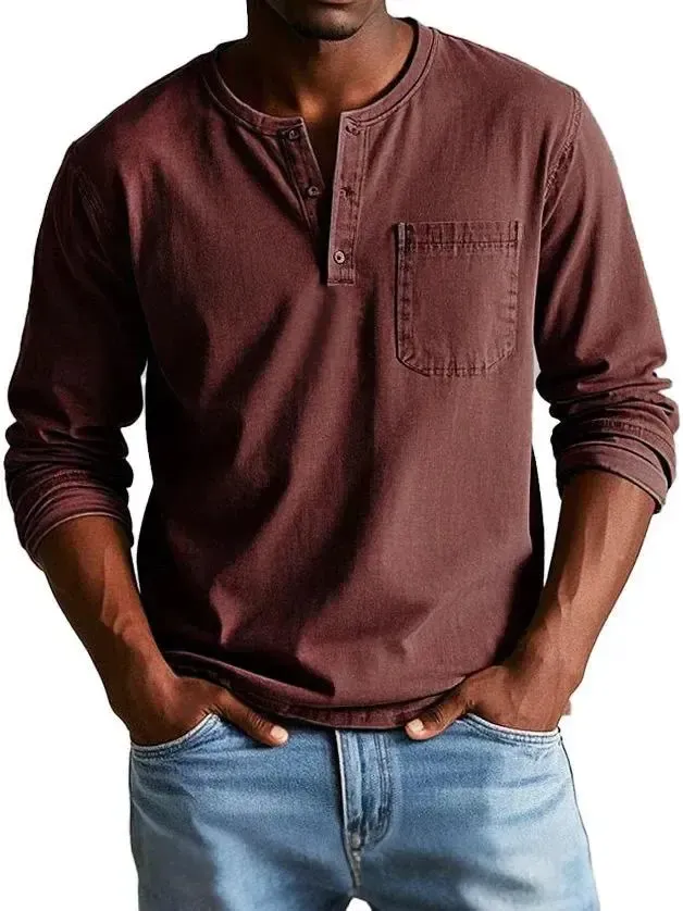 💫Clearance Sale🔥 - Men's Fashion Vintage Distressed Pocket Long Sleeve Henley Shirt