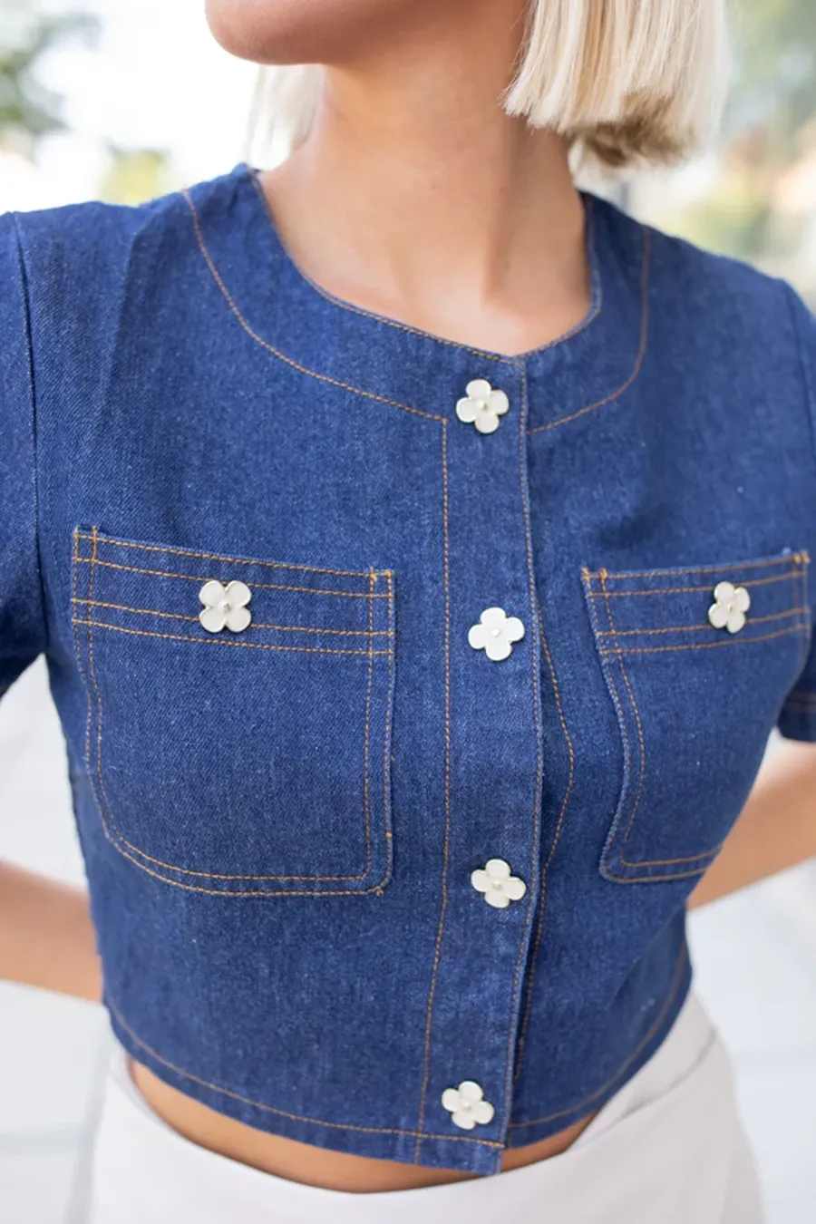 Dark Wash Denim Button Front Crop Blouse