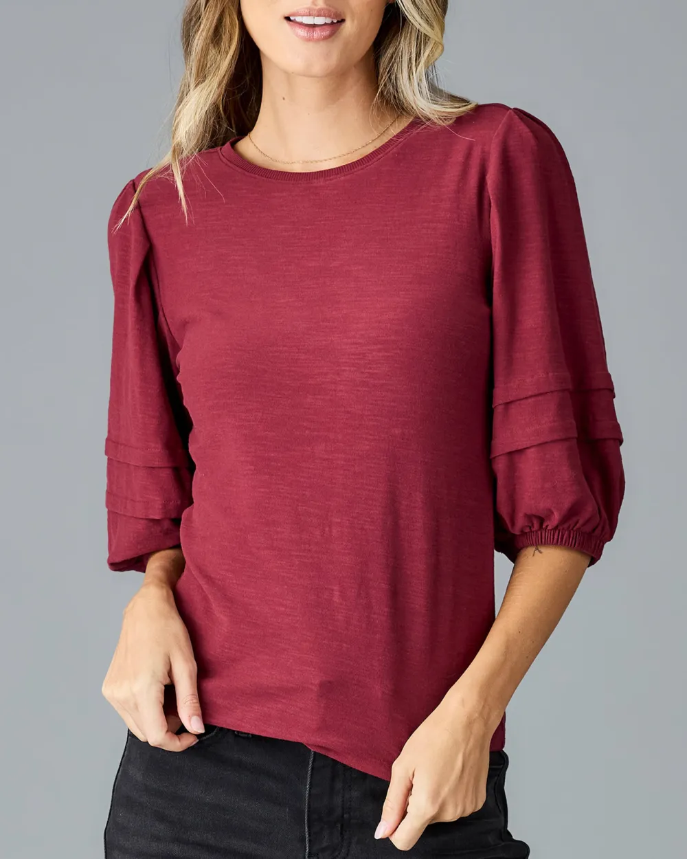 Wine Red Ruffled Three Quarter Sleeves Blouse