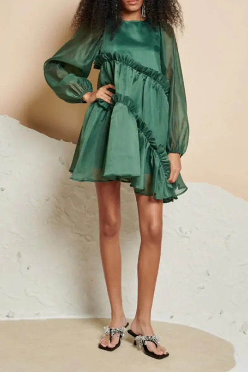 Green Ruffled Organza Mini Dresses